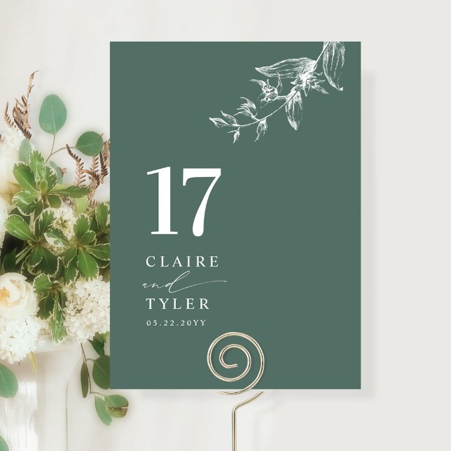 Elegant, Minimal Botanical Deep Green Wedding  Table Number (Creator Uploaded)