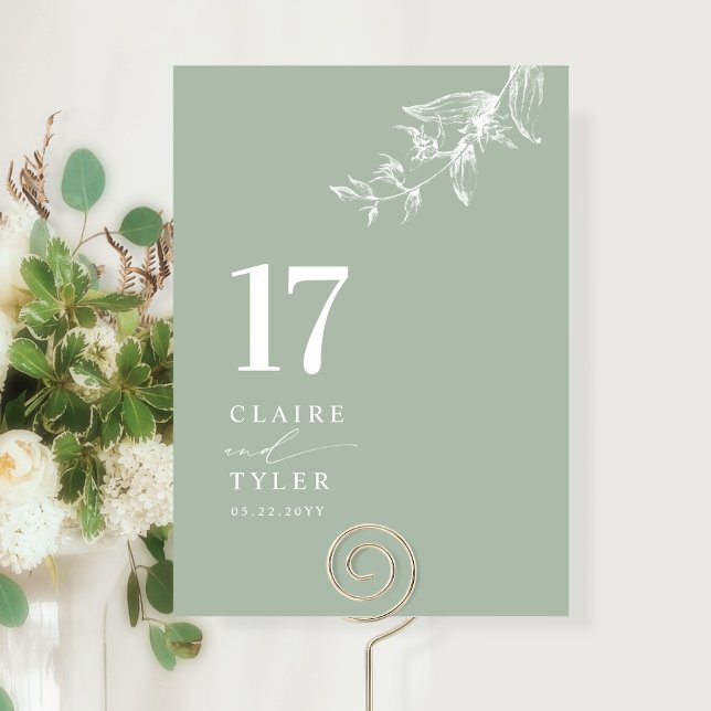 Elegant, Minimal Botanical Pale Green Wedding  Table Number (Creator Uploaded)