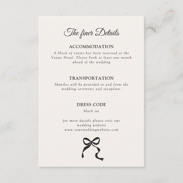 Elegant Minimal Bow Wedding Details Enclosure Card (Front)