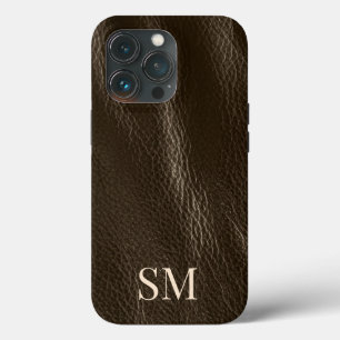 Elegant Minimal Brown Leather Monogram Initials iPhone 13 Pro Case