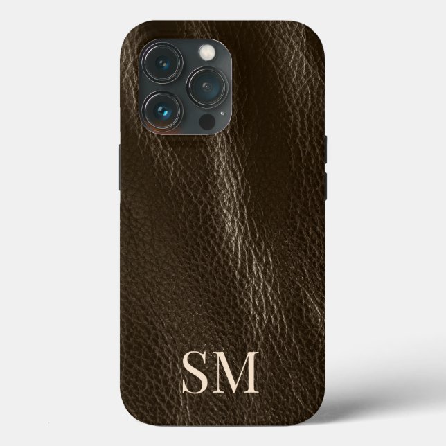 Elegant Minimal Brown Leather Monogram Initials Case-Mate iPhone Case (Back)