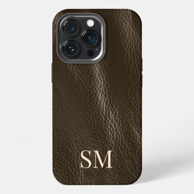 Elegant Minimal Brown Leather Monogram Initials iPhone Case (Back)