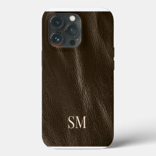 Elegant Minimal Brown Leather Monogram Initials iPhone 13 Pro Case