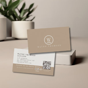 Elegant Minimal Brown Tan White Monogram Business Card