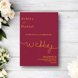 Elegant Minimal Burgundy And Gold Delicate Wedding Invitation