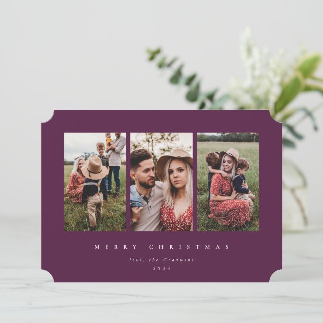 Elegant Minimal Burgundy Frame Triple Photo Holiday Card (Standing Front)