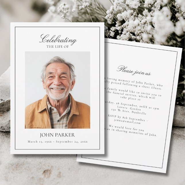 Elegant Minimal Celebration of Life Funeral Photo  Invitation (Elegant Minimal Celebration of Life Funeral Photo Invitation)