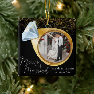 Elegant Minimal Christmas Merry + Married  Ceramic Ornament