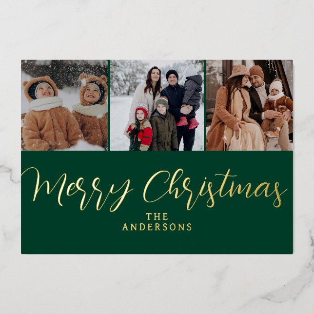 Elegant Minimal Christmas | Modern Family 3 Photo Foil Holiday Card (Front)