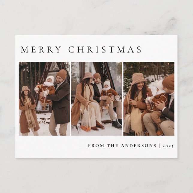 Elegant Minimal Christmas | Modern Family 3 Photo  Holiday Postcard (Front)