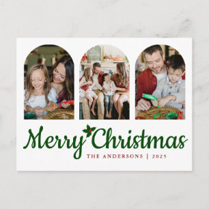 Elegant Minimal Christmas Modern Family 3 Photo Holiday Postcard