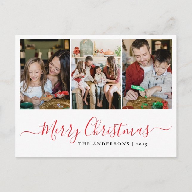Elegant Minimal Christmas | Modern Family 3 Photo  Holiday Postcard (Front)