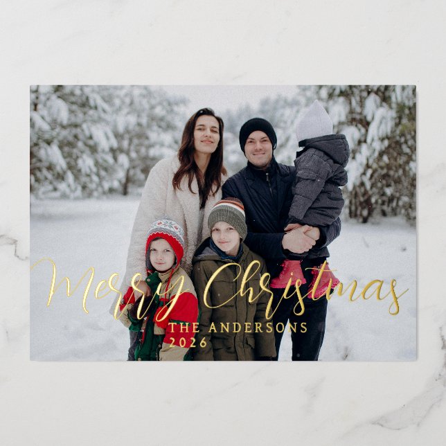 Elegant Minimal Christmas | Modern Family Portrait Foil Holiday Card (Front)