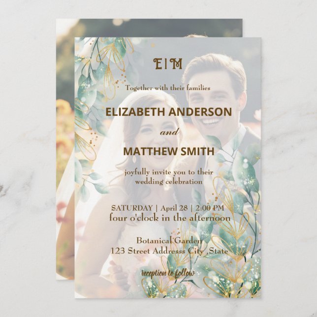 Elegant minimal clean neutral rustic photo wedding invitation (Front/Back)