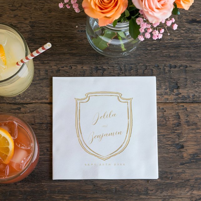 Elegant Minimal Crest Couples Name & Wedding Date Foil Napkins (Western Horseshoe Monogram Crest Wedding Foil Napkins)