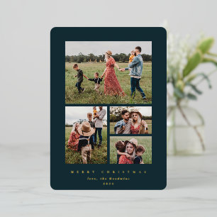 Elegant Minimal Dark Green Frame 4 Photo Foil Holiday Card