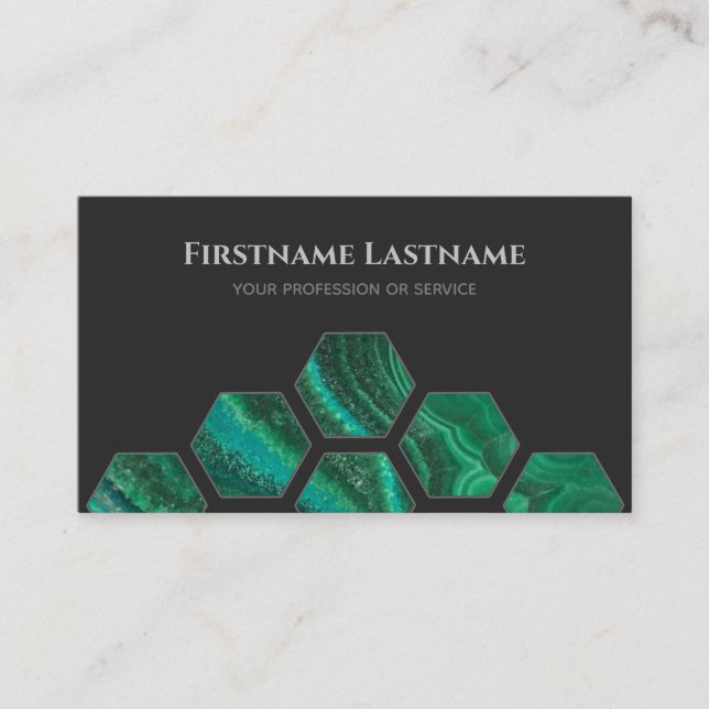 Elegant minimal dark grey green crystal hexagons business card (Front)