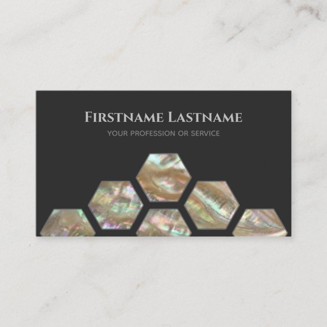 Elegant minimal dark grey mother of pearl hexagons business card (Front)