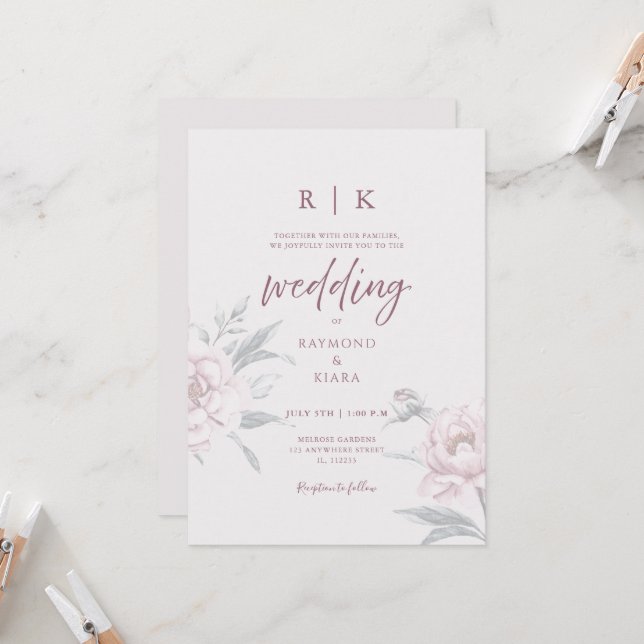 Elegant Minimal Dusky Pink Peony Floral Wedding  Invitation (Front/Back In Situ)