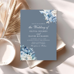 Elegant Minimal Dusty Blue Floral Wedding Invitation