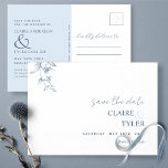 Elegant Minimal, Dusty Blue Wedding Save The Date Postcard<br><div class="desc">Announce your wedding date with this elegant wedding save-the-date postcard. Elegant and simple design with modern block and handwritten Script typography throughout. Blue and white design with delicate hand-drawn blue watercolor botanical detail. Back divided with an area in dusty blue for your full wedding details and names, as well as...</div>