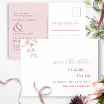 Elegant Minimal, Dusty Pink Wedding Save The Date Postcard<br><div class="desc">Announce your wedding date with this elegant wedding save-the-date postcard. Elegant and simple design with modern block and handwritten Script typography throughout. Dusty Rose, Burgundy, and white design with delicate hand-drawn watercolor botanical detail in burgundy, dusty rose, and blush pink hues. Back divided with an area in a dusty rose...</div>