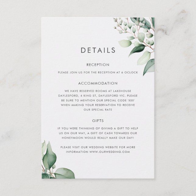 Elegant Minimal Eucalyptus Greenery Wedding Enclosure Card (Front)