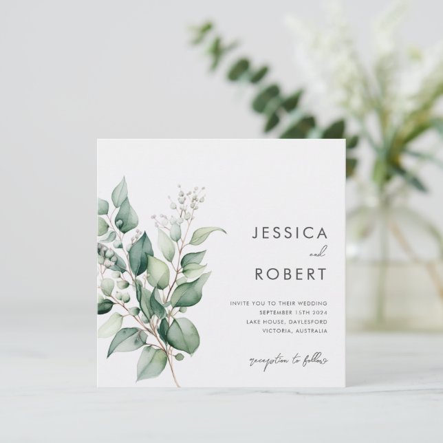 Elegant Minimal Eucalyptus Greenery Wedding Invitation (Standing Front)