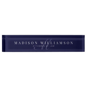 Elegant Minimal Executive Name & Monogram Navy Nameplate