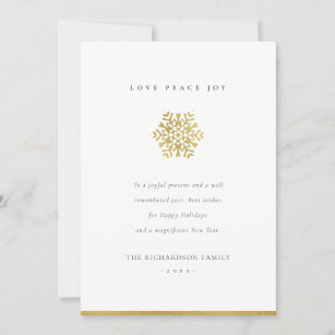 Elegant Minimal Faux Gold Snowflake Love Joy Peace Holiday Card