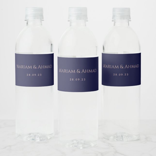 Elegant Minimal Faux Rose & Navy Names Wedding Water Bottle Label (Bottles)