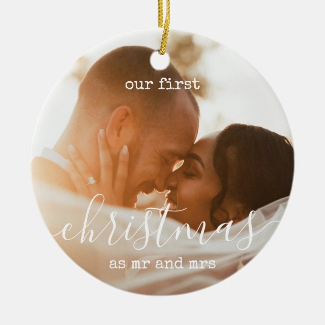 Elegant Minimal | First Christmas Photo and Text Ceramic Ornament (Front)