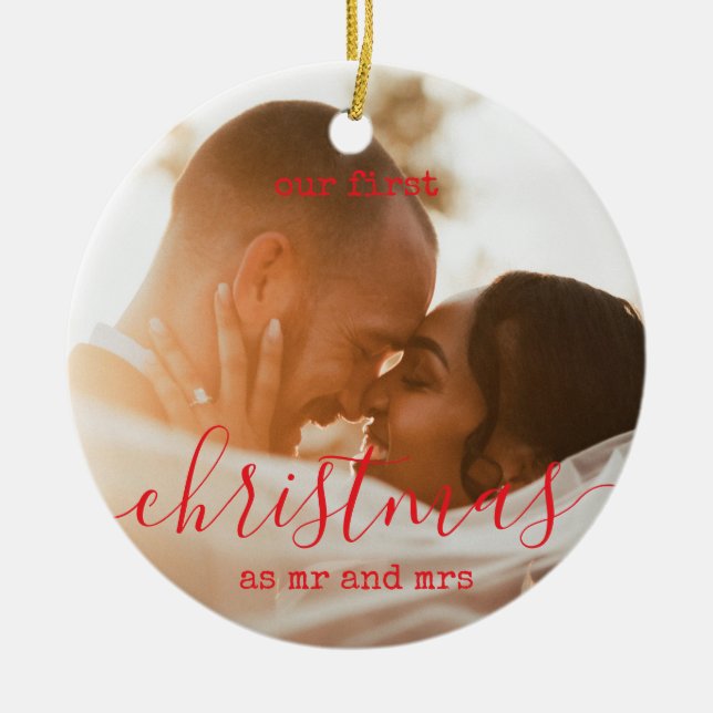 Elegant Minimal | First Christmas Photo and Text Ceramic Ornament (Front)
