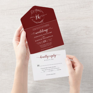 Elegant Minimal Floral Burgundy Monogram Wedding All In One Invitation