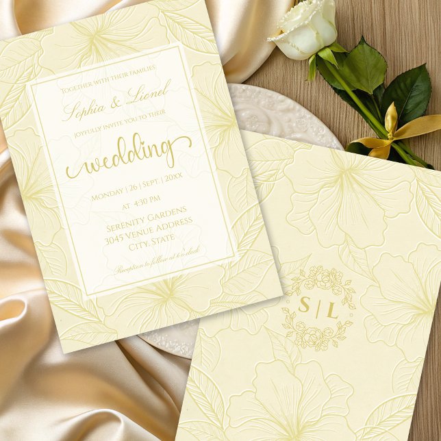 Elegant Minimal Floral Outline Golden Wedding Invitation (Creator Uploaded)