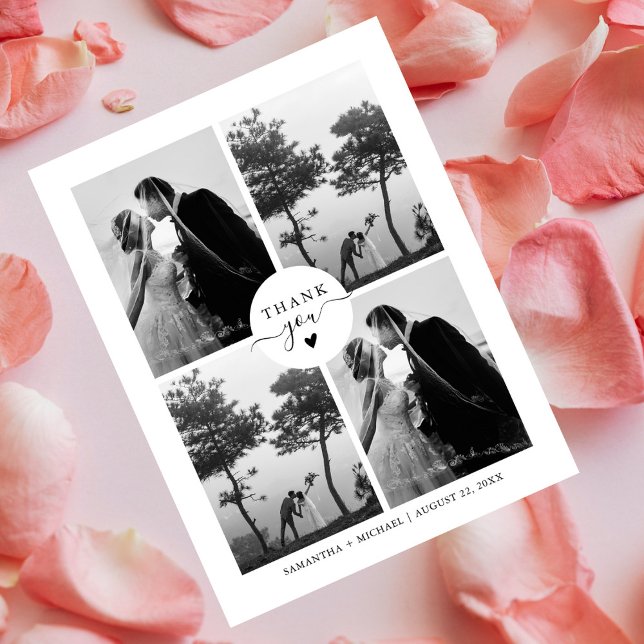 Elegant Minimal Four Photo Wedding Thank You Postcard (Creator Uploaded)