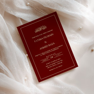 Elegant Minimal Frame Gold Burgundy Muslim Wedding Invitation