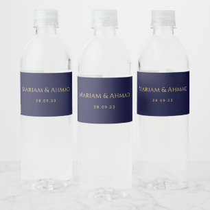 Elegant Minimal Gold and Navy Names Date Wedding Water Bottle Label