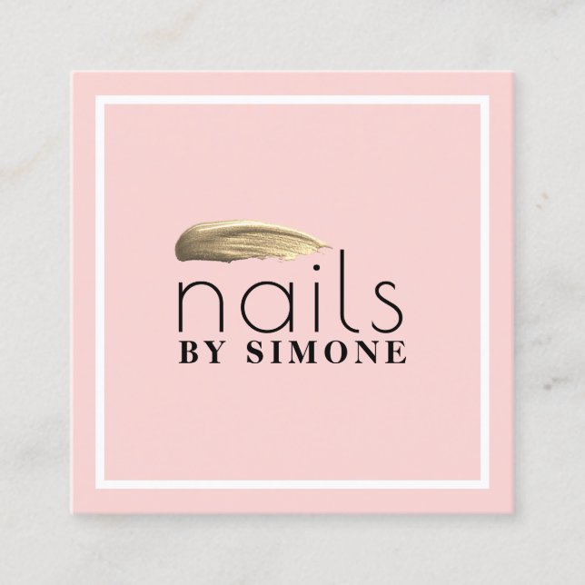 Elegant minimal gold blush pink nail polish stroke square business card (Front)