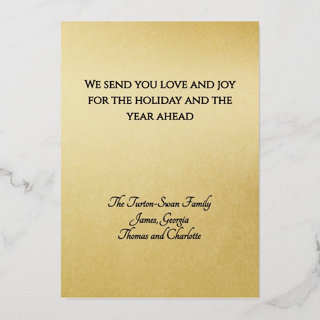 Elegant Minimal Gold Foil Black JOY Christmas Foil Holiday Card (Back)