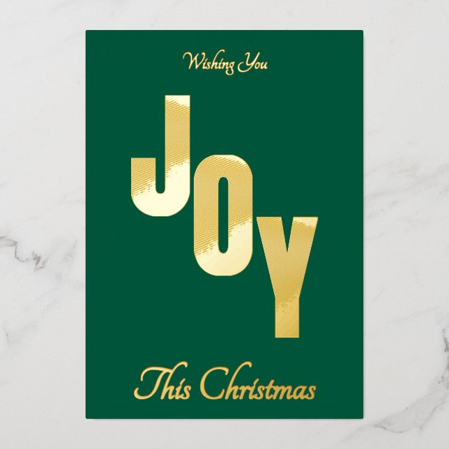 Elegant Minimal Gold Foil Green JOY Christmas Foil Holiday Card (Front)