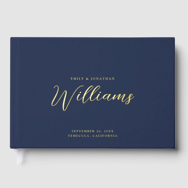 Elegant Minimal Gold Foil Navy Blue Wedding  Guest Book (Front)