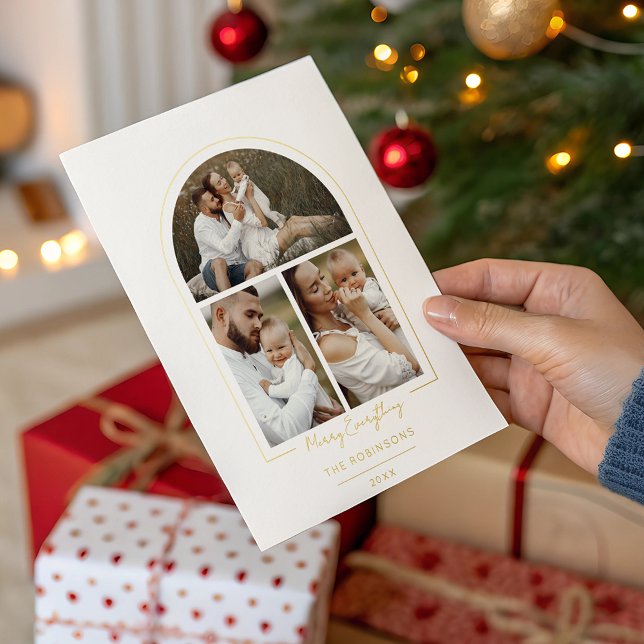 Elegant Minimal Gold Line Arch 3-Photo Foil Holiday Card (Creator Uploaded)
