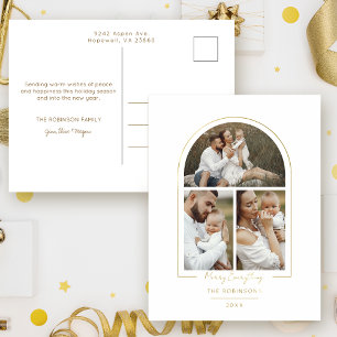 Elegant Minimal Gold Line Arch 3-Photo Foil Holiday Postcard
