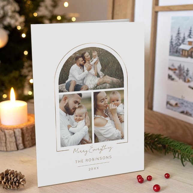 Elegant Minimal Gold Line Arch 3-Photo Holiday Card (Creator Uploaded)