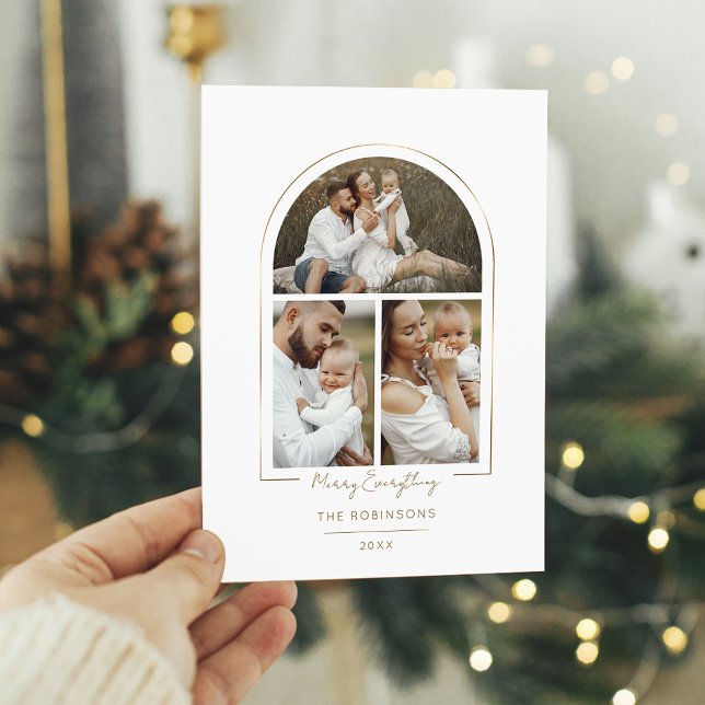 Elegant Minimal Gold Line Arch 3-Photo Holiday Card (Creator Uploaded)