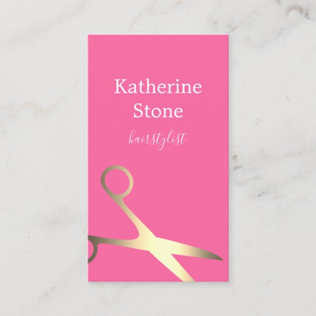 Elegant minimal gold magenta scissors hairstylist business card (Front)