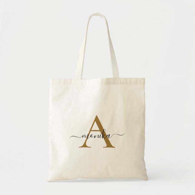 Elegant Minimal Gold Monogram Name Initial Script Tote Bag (Front)