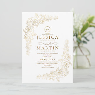 Elegant Minimal Gold Roses Frame Wedding Invitation