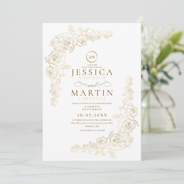 Elegant  Minimal Gold Roses Frame Wedding  Invitation (Standing Front)